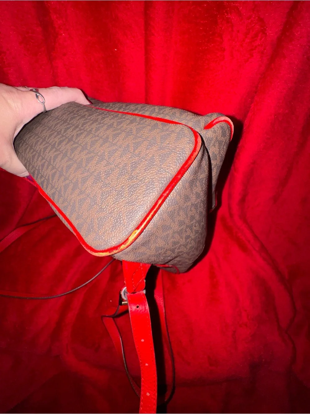 Michael Kors Brown Monogram Backpack with Red Trim and Gold Logo